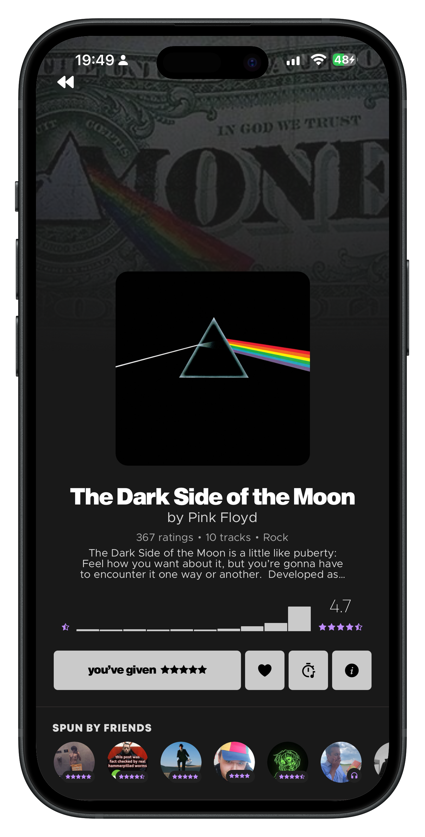 An album page for The Dark Side of the Moon with ratings