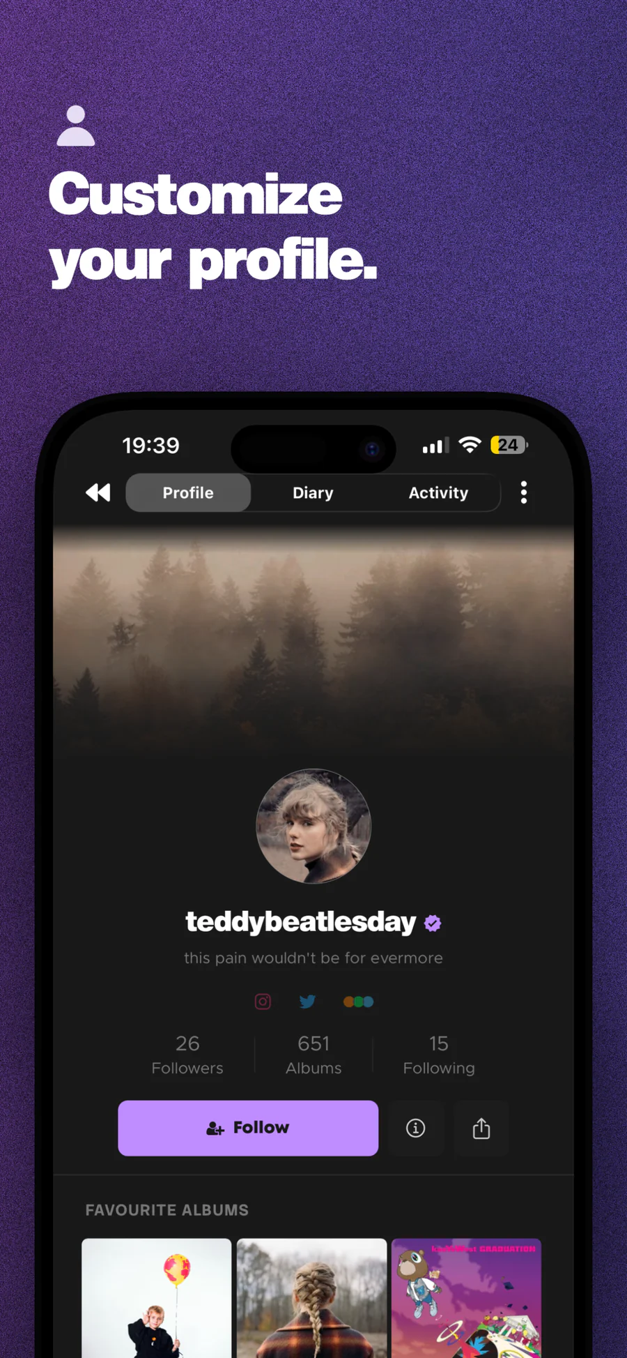 A profile page with follower counts and favourite albums